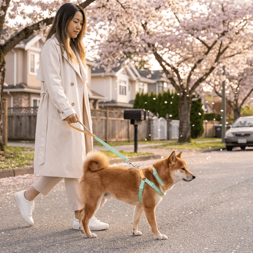 LuxStride 3-Piece Dog Set in use, featuring a woman walking a Shiba Inu in a floral setting.