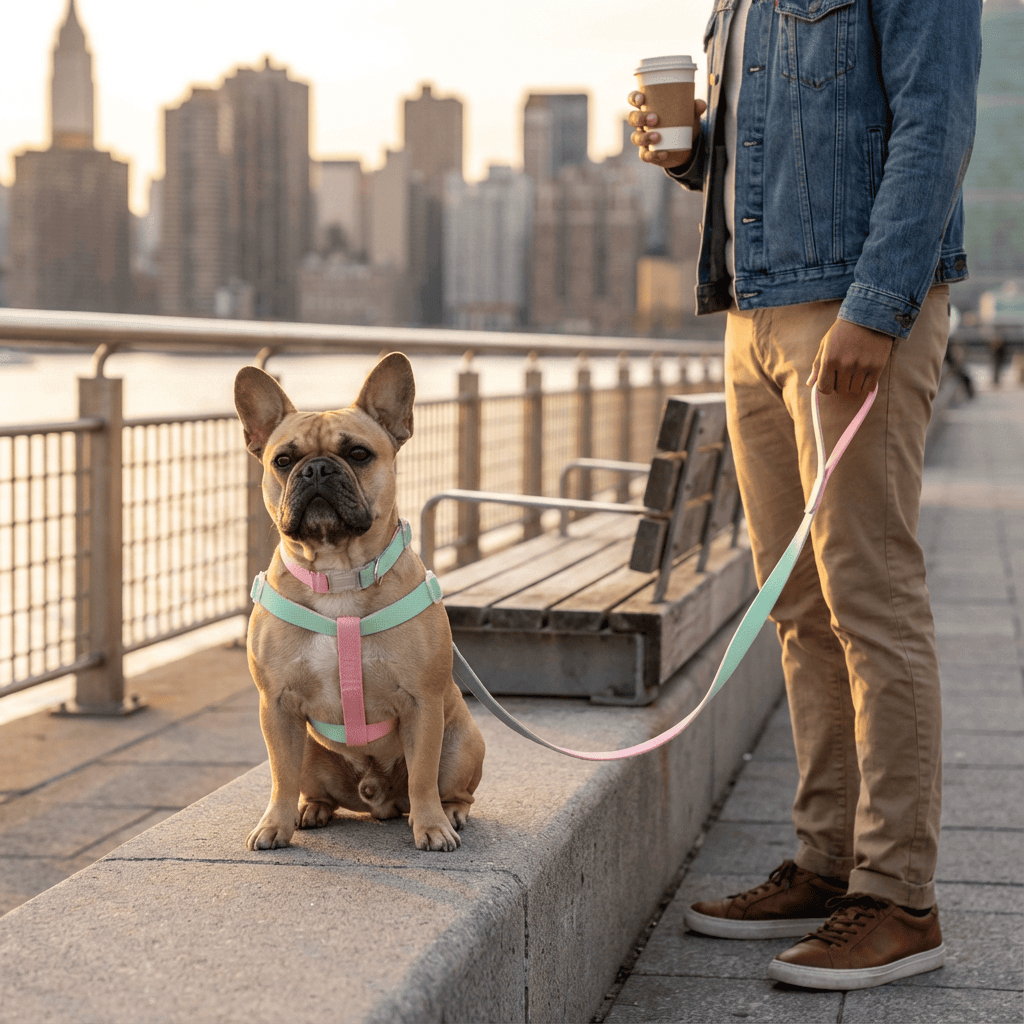 LuxStride 3-Piece Dog Set on a stylish dog in pastel harness and leash, perfect for fashionable walks.