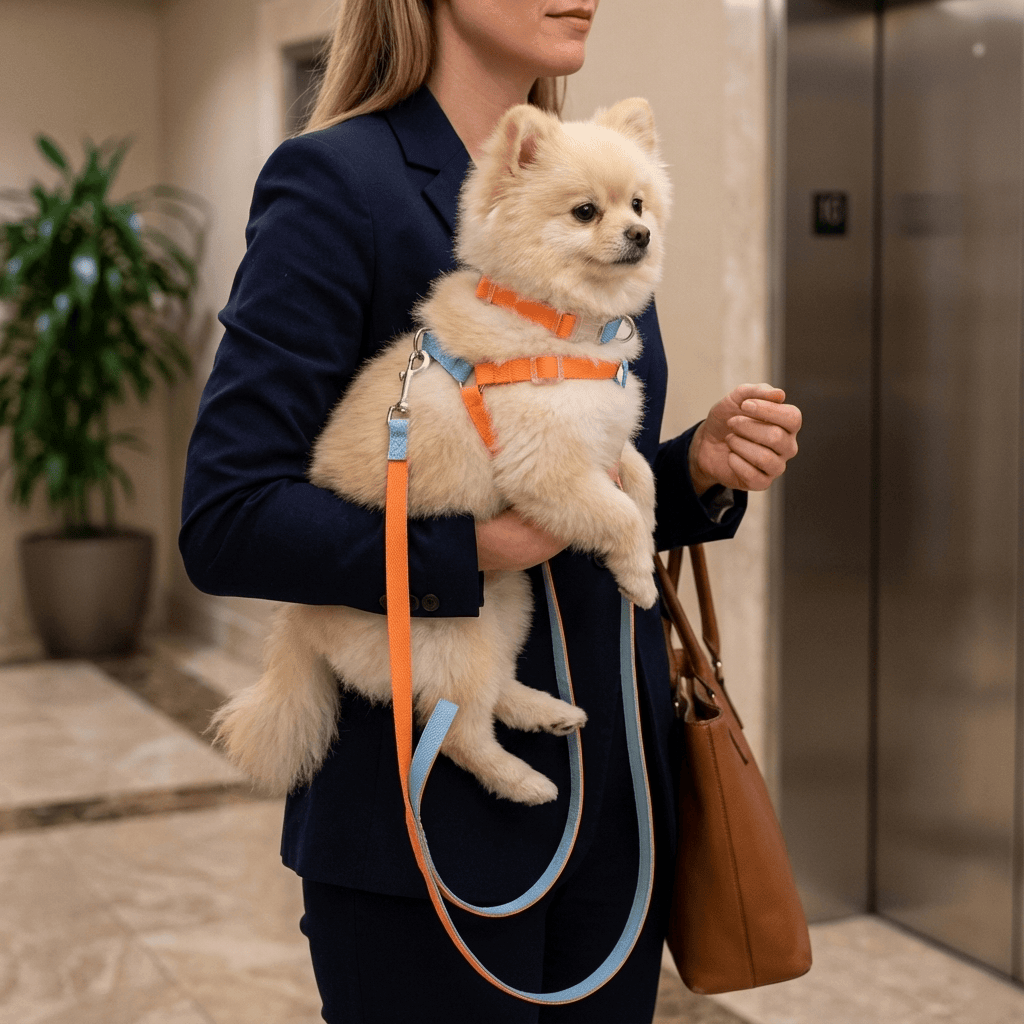 LuxStride 3-Piece Dog Set featuring a stylish Pomeranian in harness and leash, perfect for luxury walks.