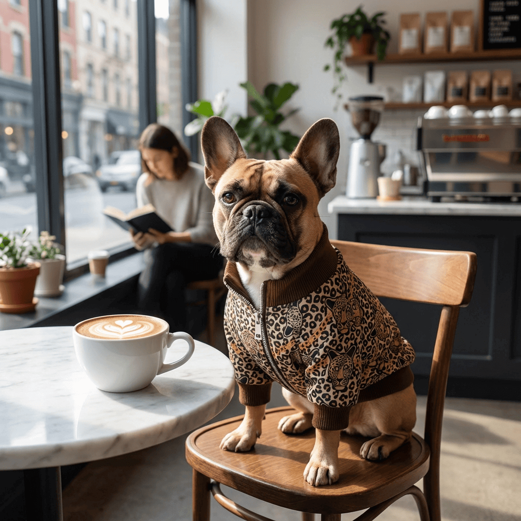Luxurious Leopard Dog Sweater on a French Bulldog, stylish pet wear for dogs, comfort and elegance, Dogs & Cats brand