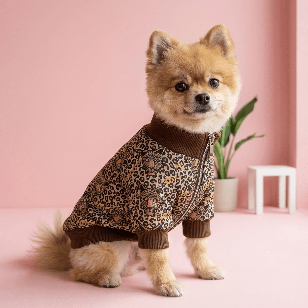 Luxurious Leopard Dog Sweater on a stylish dog, featuring premium-grade cotton and chic leopard print design.