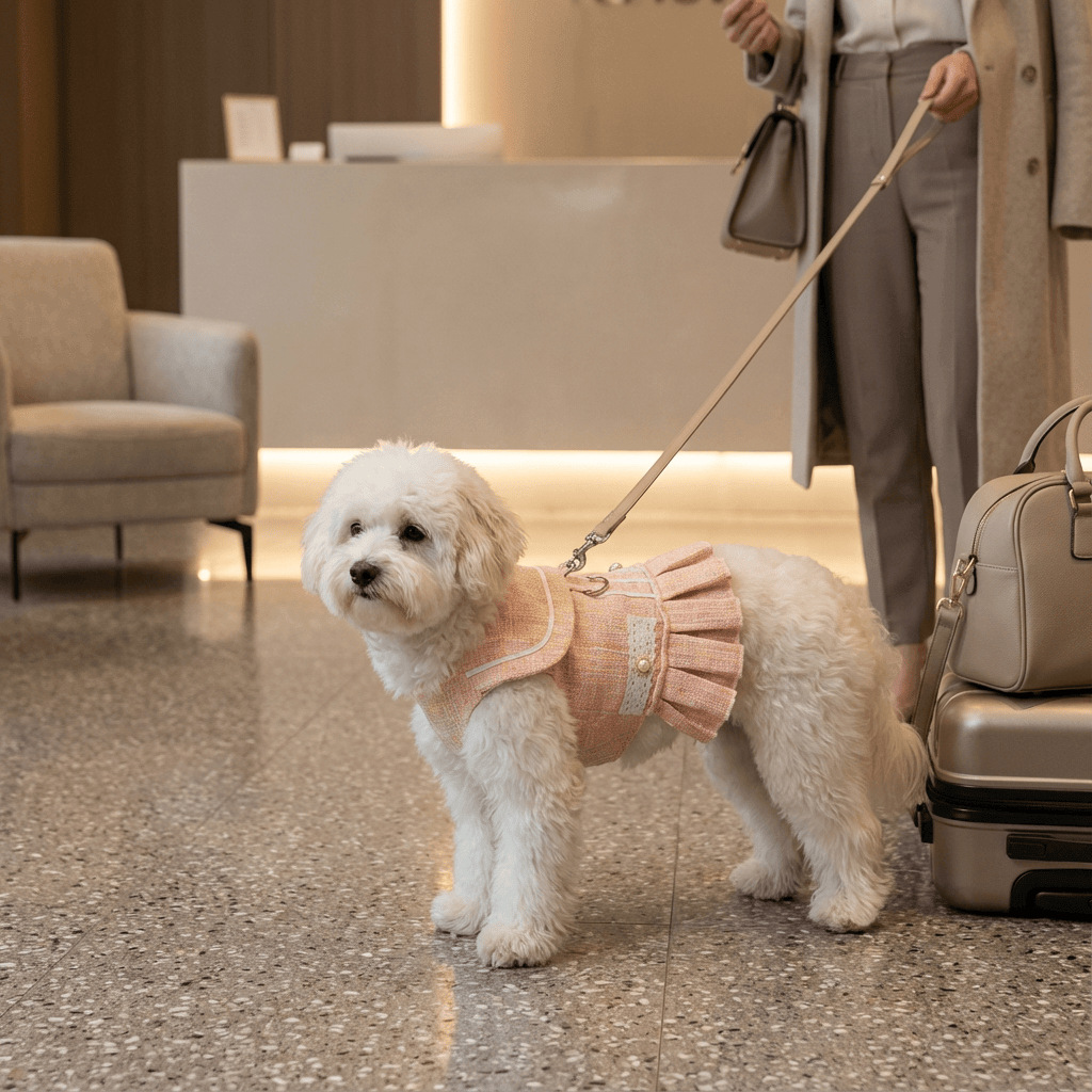 Luxury Designer Dog Dress on a stylish small dog in a chic indoor setting, showcasing comfort and high-end fashion.