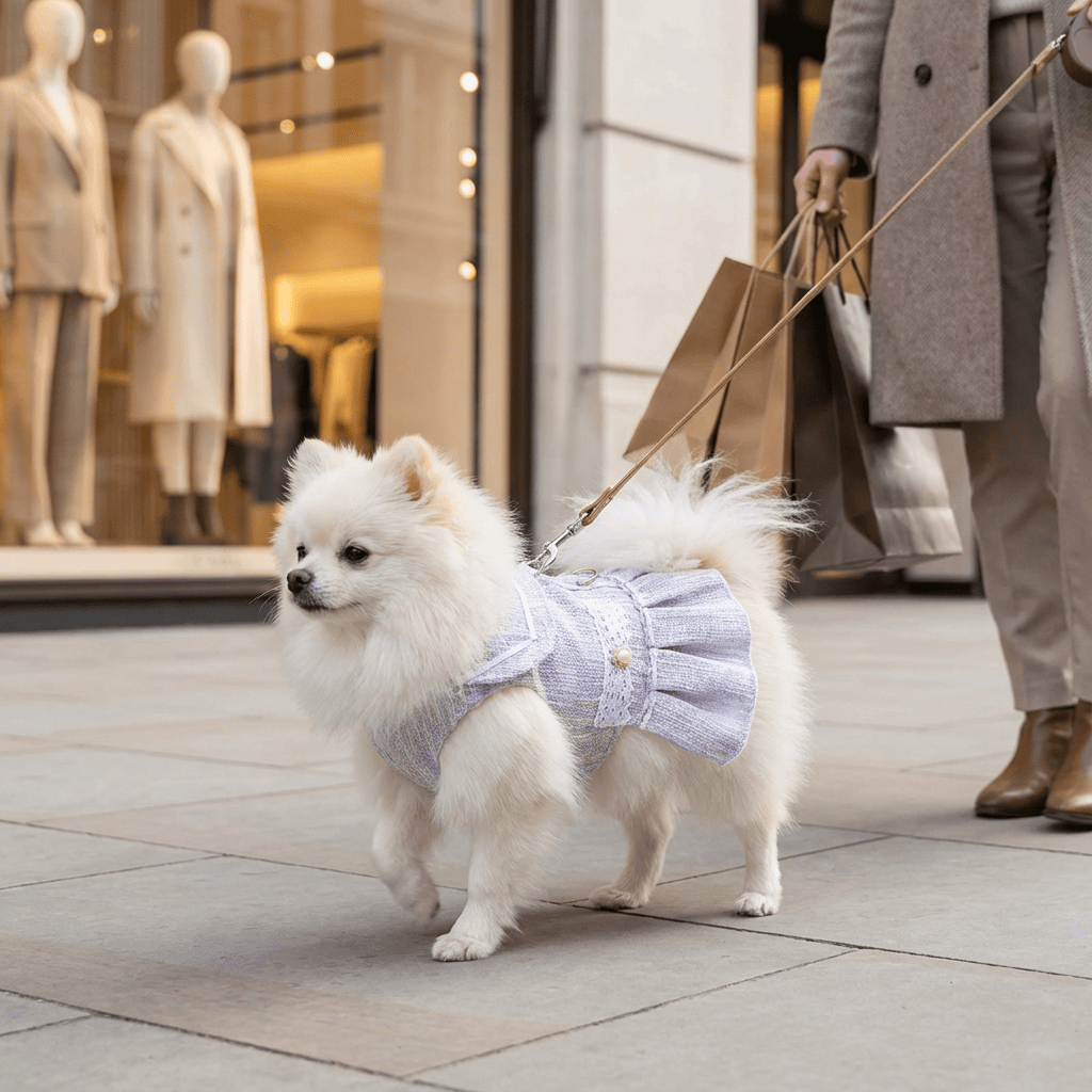 Luxury Designer Dog Dress on a fluffy white dog walking in style outside boutique shops.