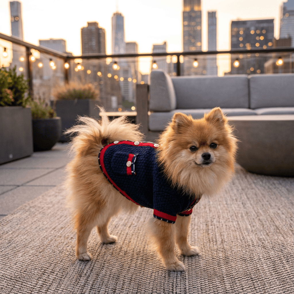 Luxury Knit Dog Cardigan on a Pomeranian, stylish warmth for dogs in an elegant outdoor setting.