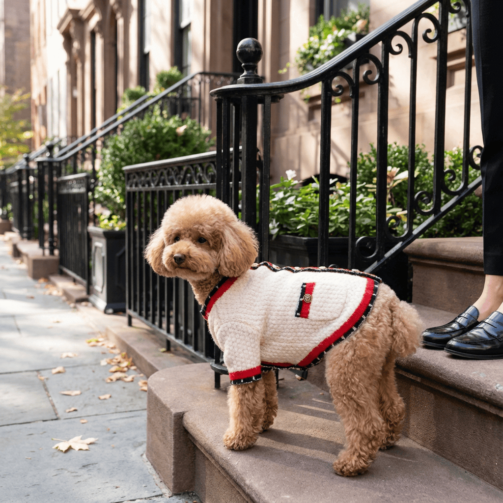 Luxury Knit Dog Cardigan on a poodle, showcasing elegance and warmth in a stylish outdoor setting.