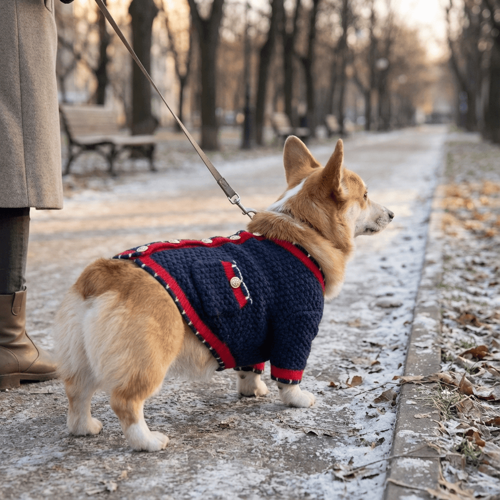 Corgi wearing Luxury Knit Dog Cardigan outdoors, showcasing elegance and warmth during a winter walk.