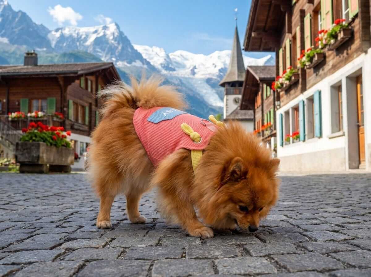 A small dog wearing the Macaron Sling Dogs and Cats Outfit in a picturesque outdoor setting.