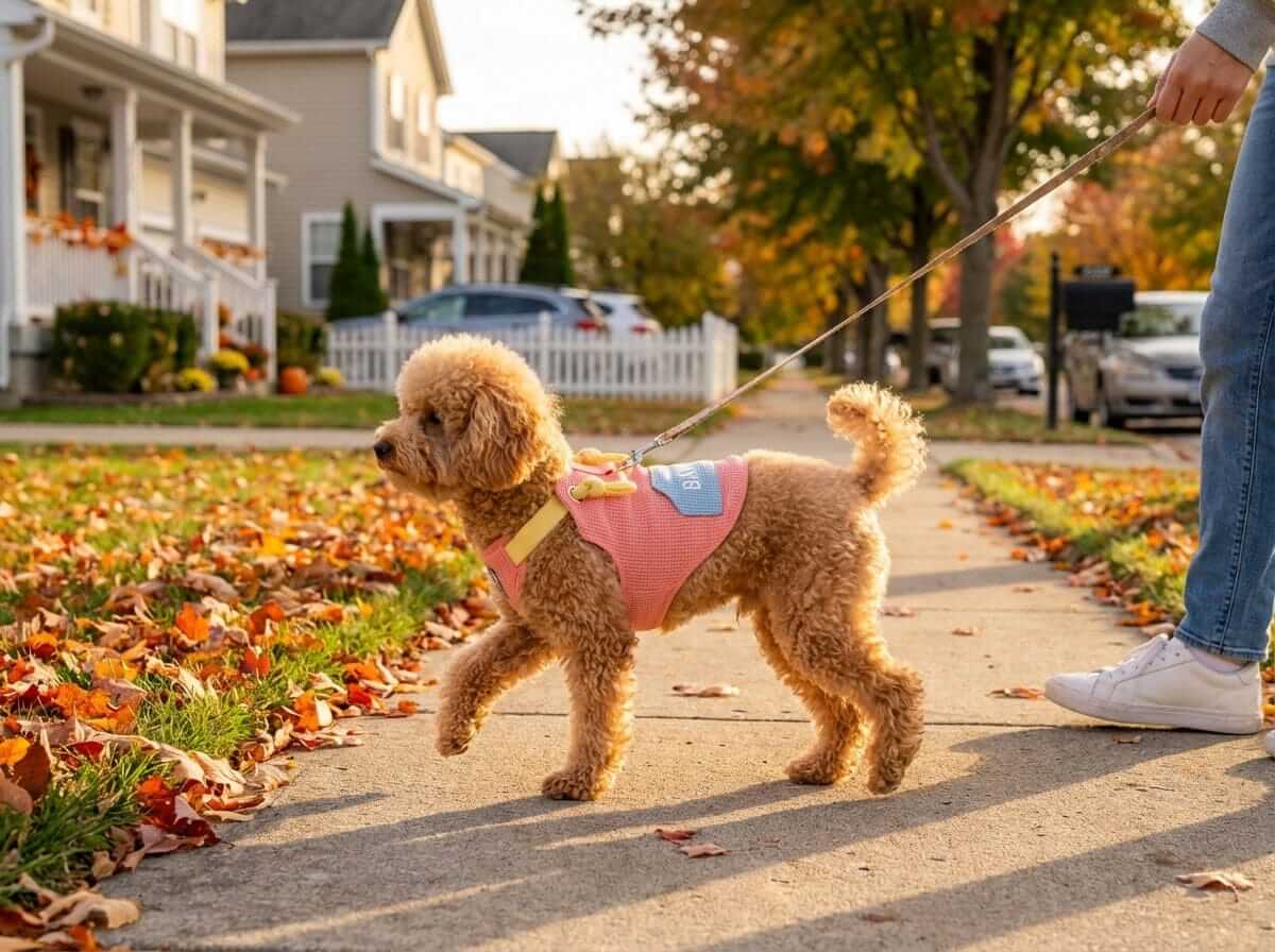 Macaron Sling Dogs and Cats Outfit worn by a poodle walking in autumn leaves, showcasing breathable fabric and stylish design.