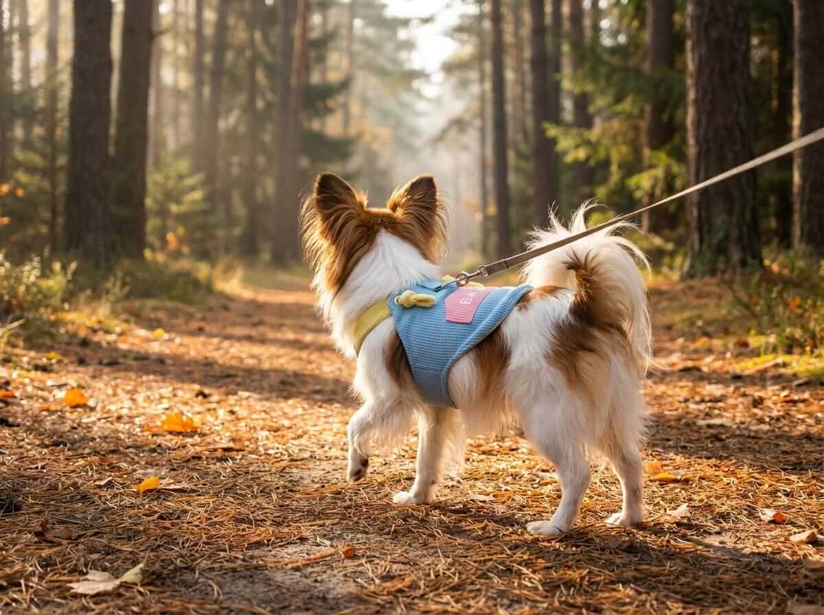 Small dog wearing Macaron Sling Dogs and Cats Outfit in a forest, showcasing its macaron pocket and secure traction sling.