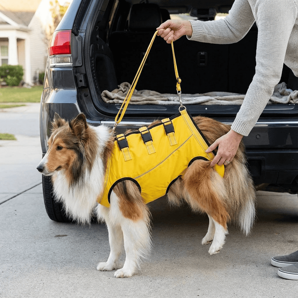 MobilityLift Dog Support Harness on a collie, providing reliable support for dogs with mobility challenges.