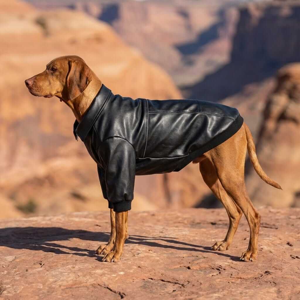 Monarch Leather Dog Jacket showcasing a dog in bold faux leather, offering stylish protection for cool outdoor conditions by Dogs & Cats.