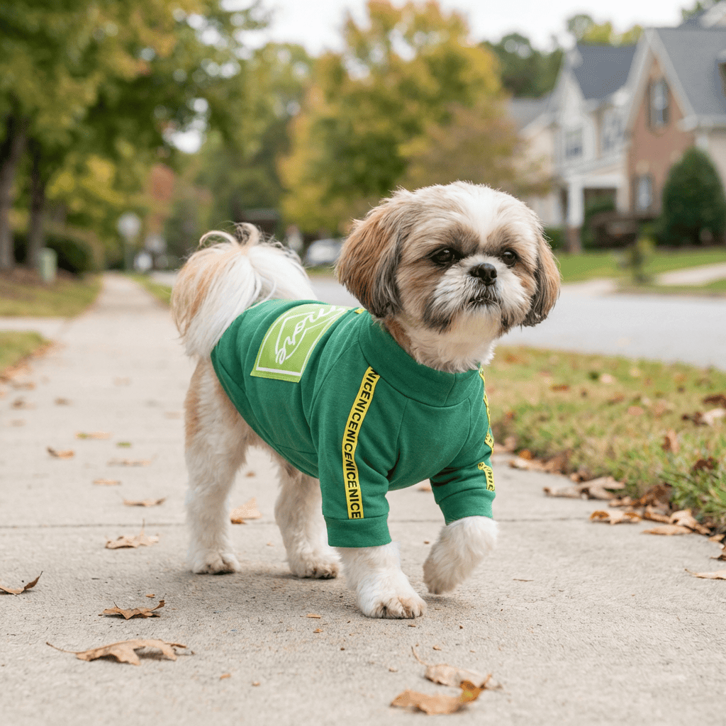 More Love Dog T-Shirt on a stylish dog walking outdoors, made from cotton for comfort and breathability.