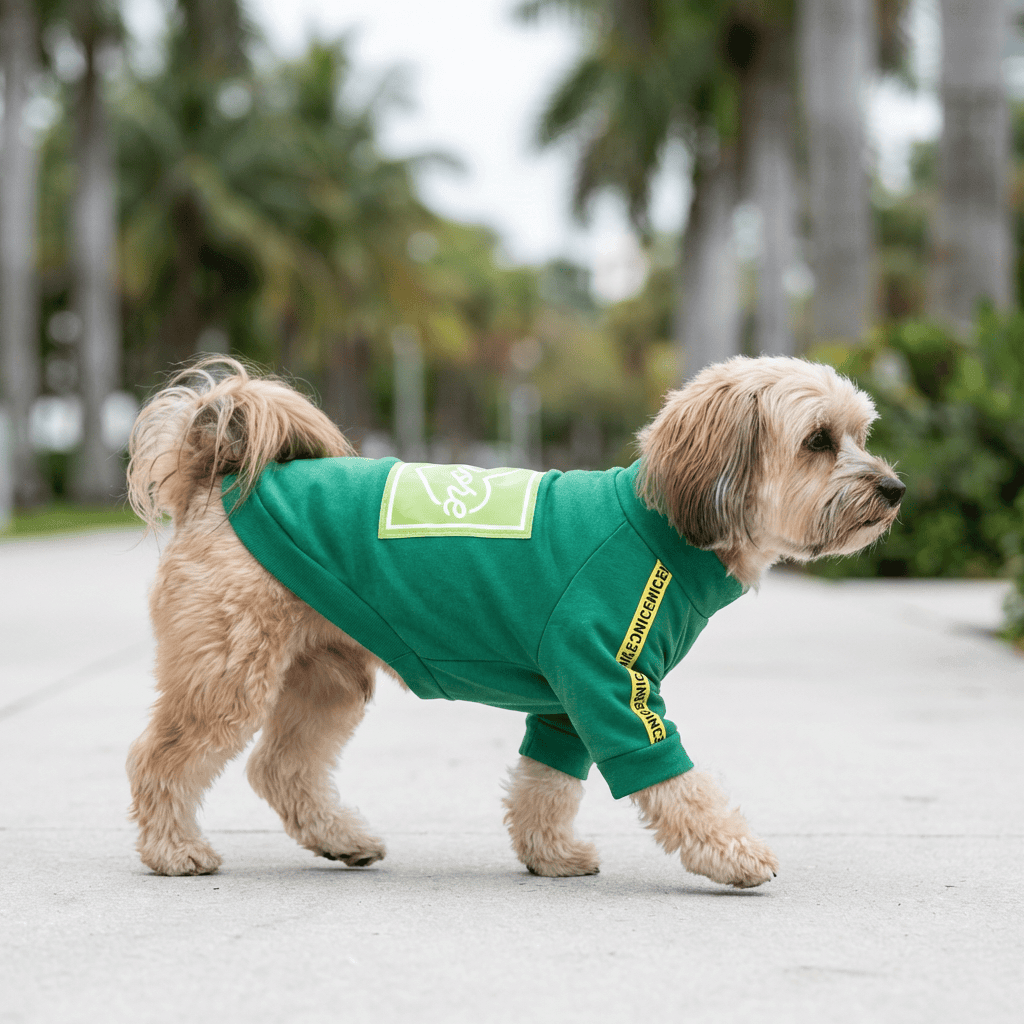 More Love Dog T-Shirt on a stylish dog walking in a park, made from cotton, perfect for spring and summer.