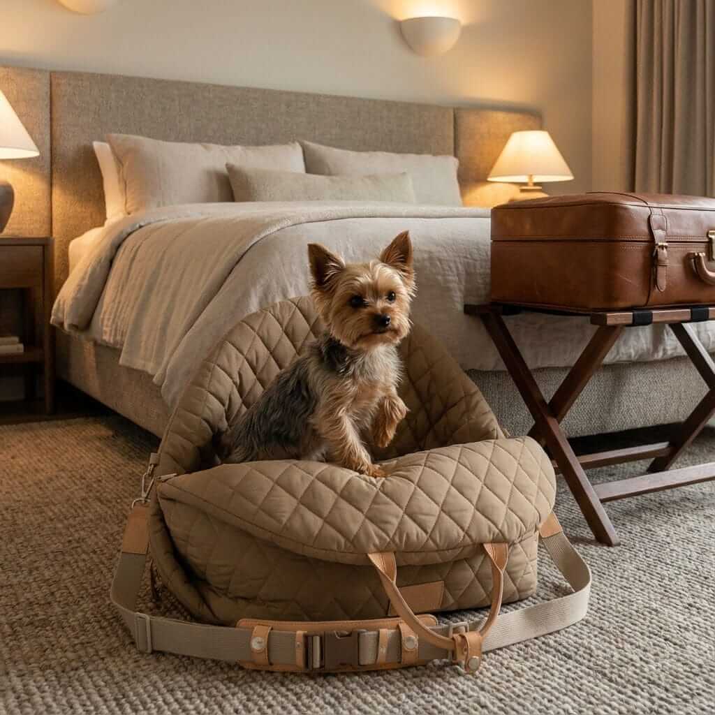 Multifunctional Pet Travel Bag with cozy dog bed featuring a dog inside, perfect for pet travel and comfort.