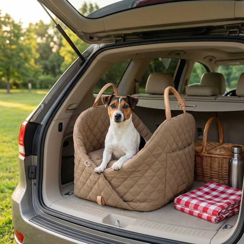 Multifunctional Pet Travel Bag with quilted design and safety harness, perfect for Dogs & Cats travel comfort.