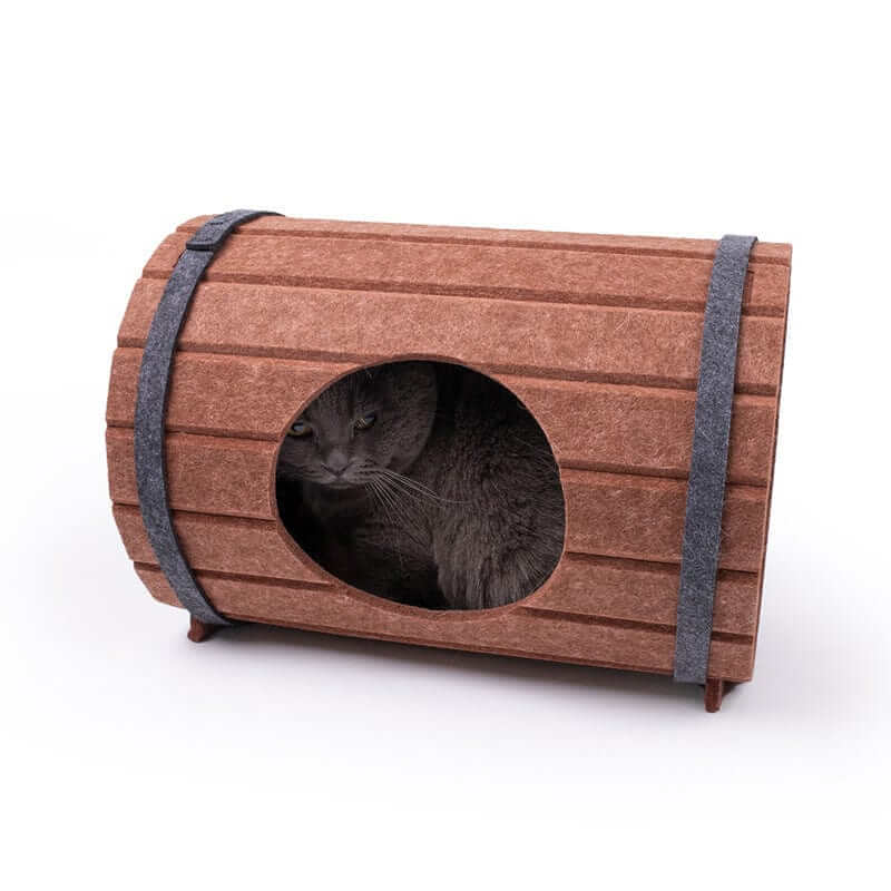 Multifunctional Wine Barrel Cat Bed & Scratcher House featuring cozy sleeping area and integrated scratcher for comfort and play.