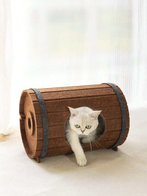 Multifunctional Wine Barrel Cat Bed & Scratcher House with cat exploring inside a cozy design.