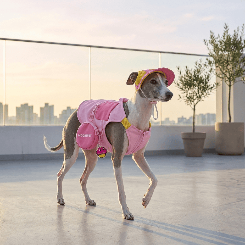 Mushroom Pendant Charm Dog Summer Vest worn by a dog in a stylish pink design, perfect for summer outdoor activities.