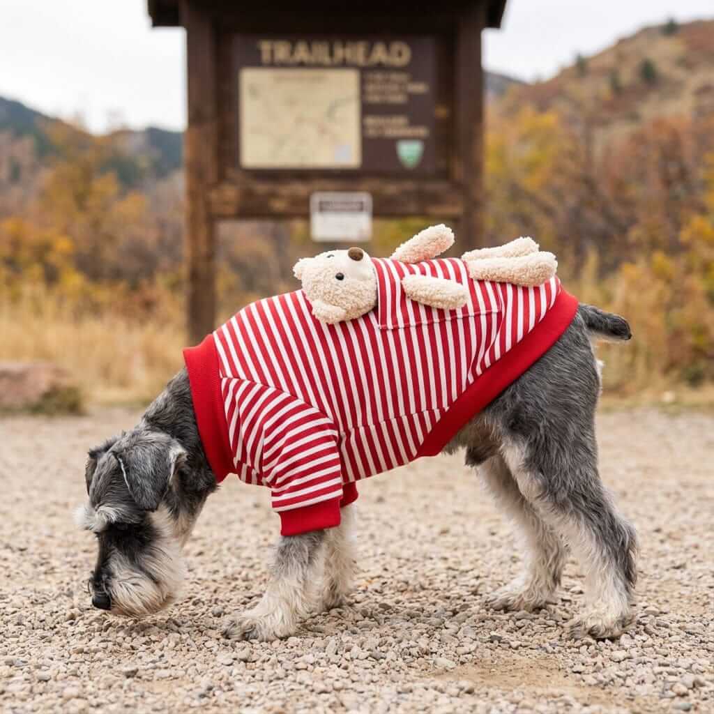 Small dog wearing My Teddy Bear Small Dog Sweater, striped pattern with teddy on back, perfect for cozy warmth.