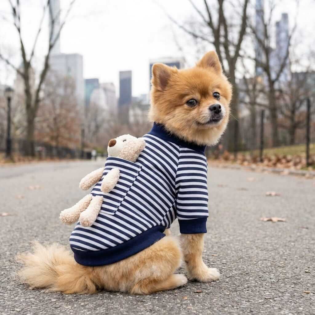 My Teddy Bear Small Dog Sweater on a Pomeranian, featuring a teddy at the back and breathable cotton for comfort.