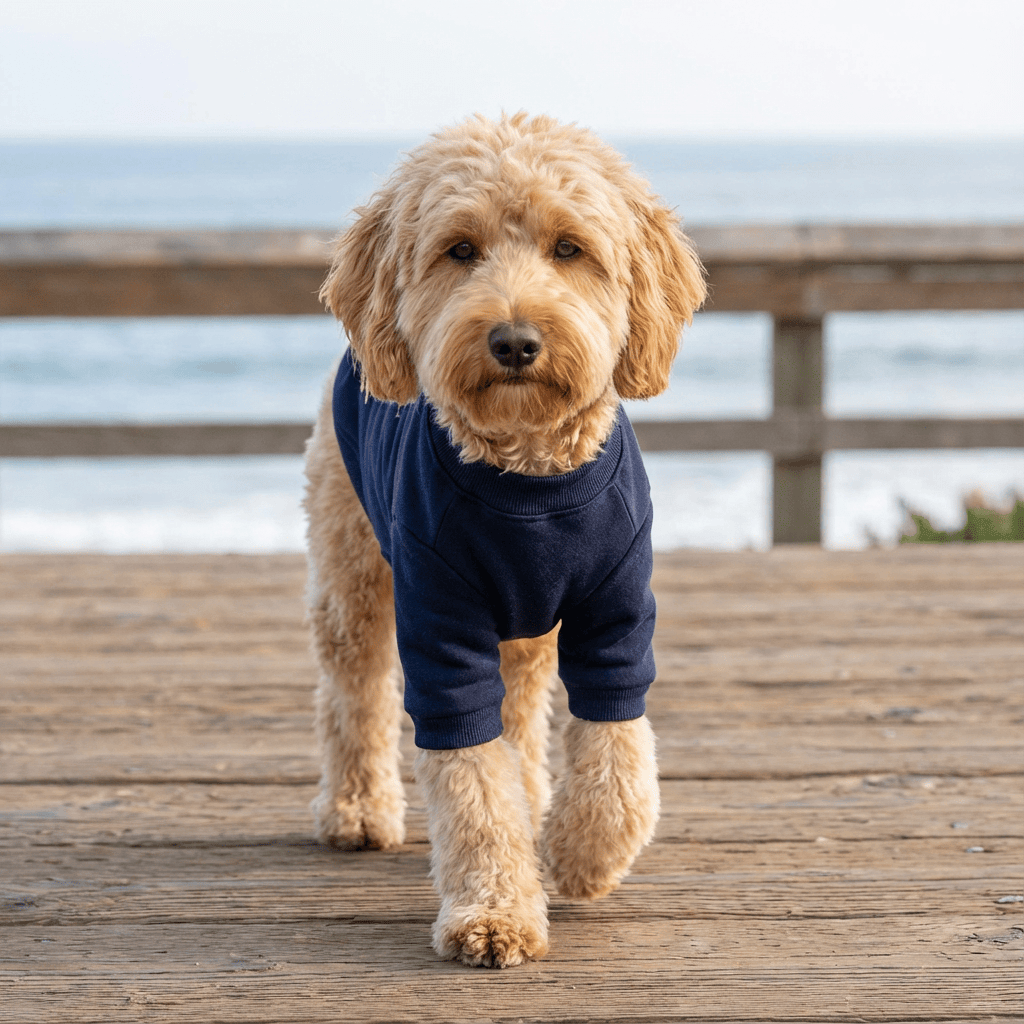 New To Sports Dot Sweatshirt on a dog, featuring short sleeves, breathable polyester material, suitable for dogs & cats.