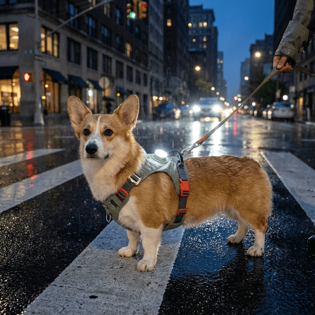 Corgi wearing NightBright LED Dog Harness on a city street at night, showcasing its LED features for visibility.