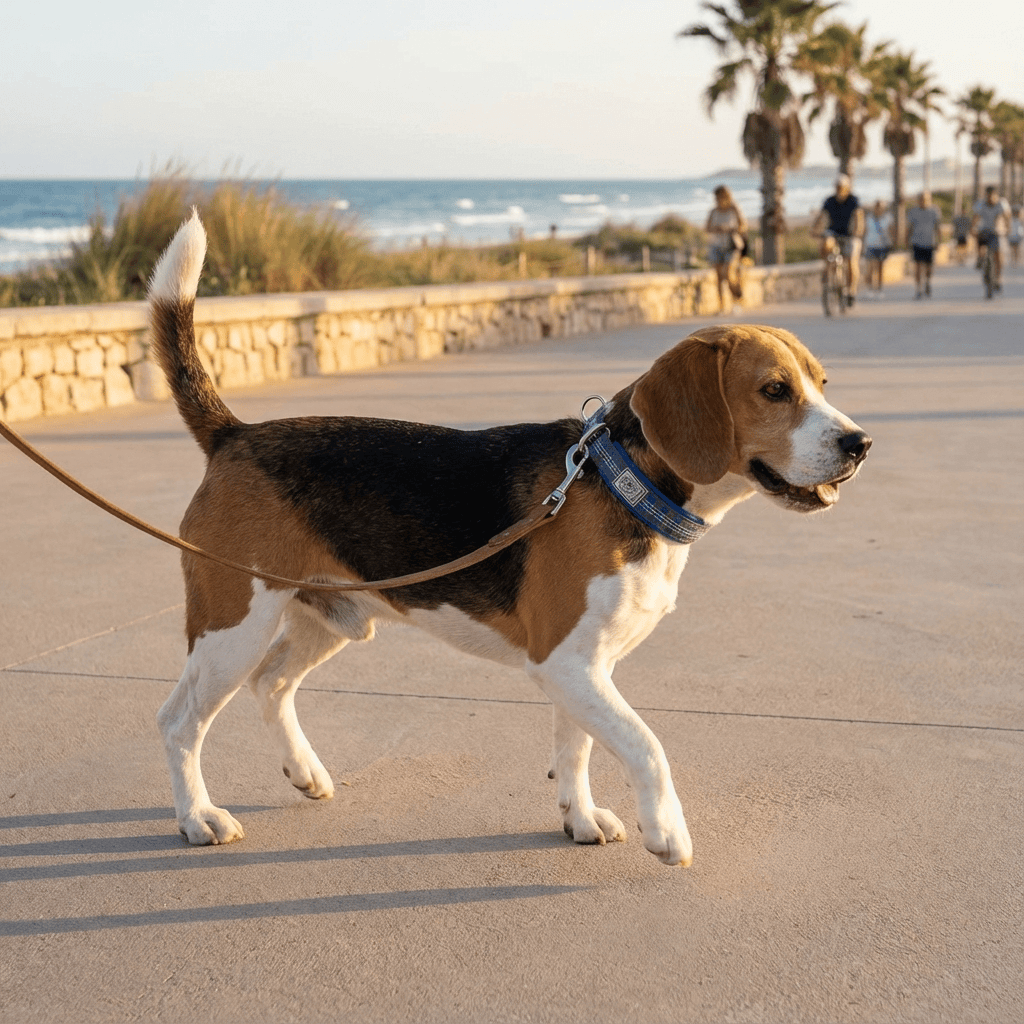 NightSafe Neoprene Dog Collar on a beagle walking outdoor, showcasing comfort and visibility features.