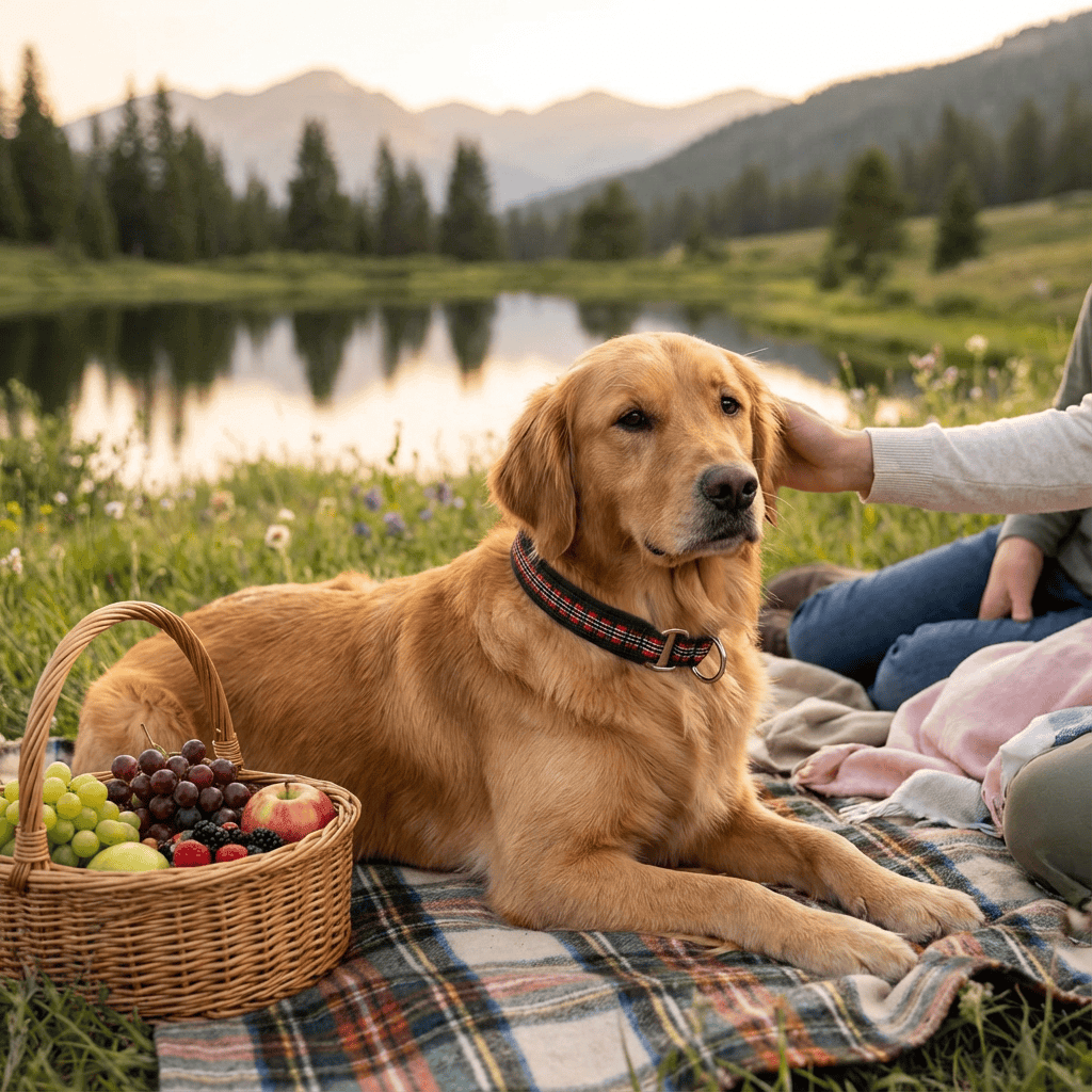 Golden retriever wearing NightSafe Neoprene Dog Collar outdoors by a lake, enjoying comfort and safety on a sunny day.