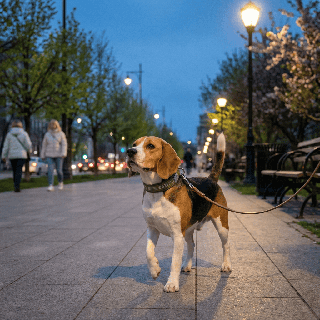 NightSafe Neoprene Dog Collar on a beagle during a nighttime walk, showcasing comfort and reflective features.