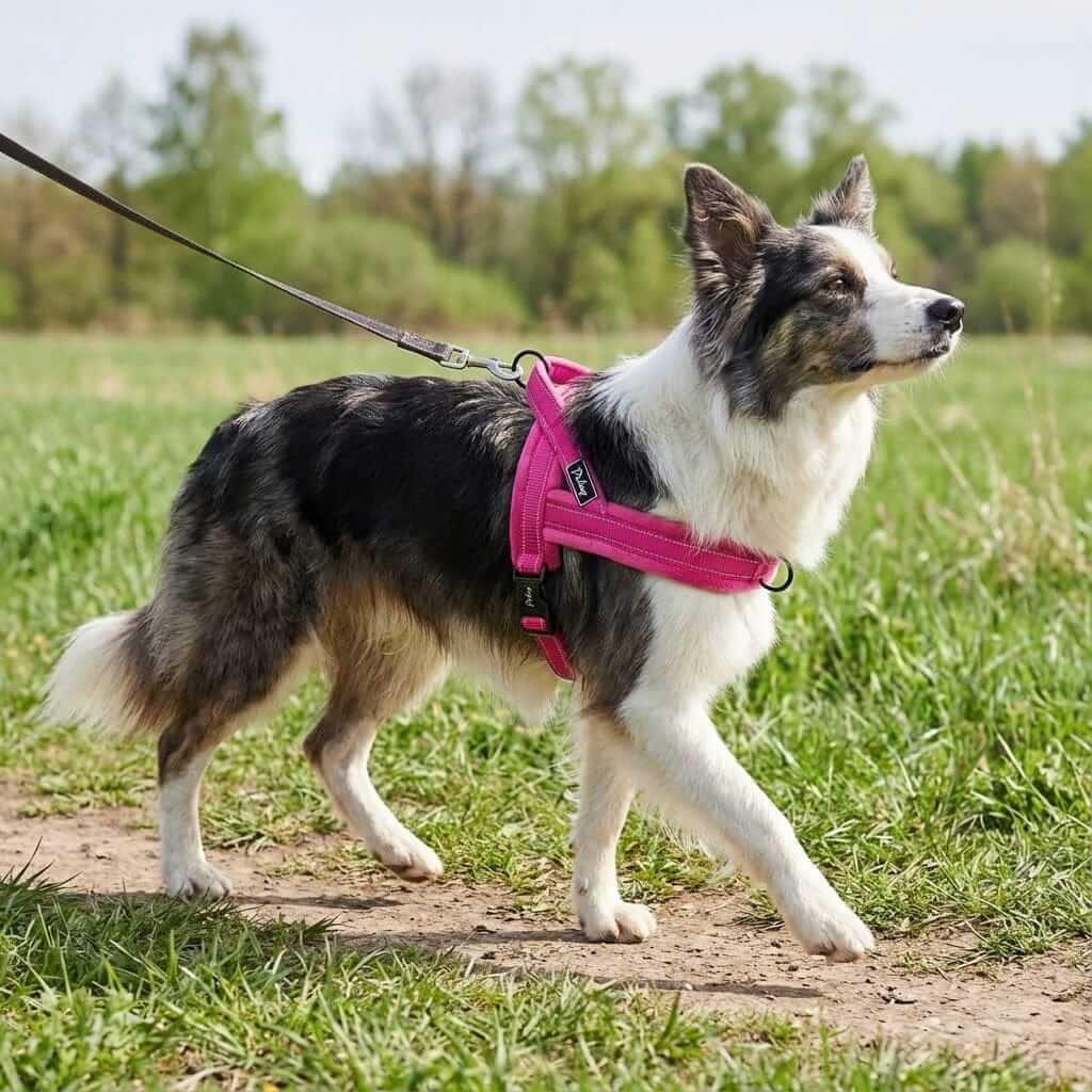 No-Pull Padded Dog Harness on a dog walking in a park, providing comfort and control for dogs of all sizes.