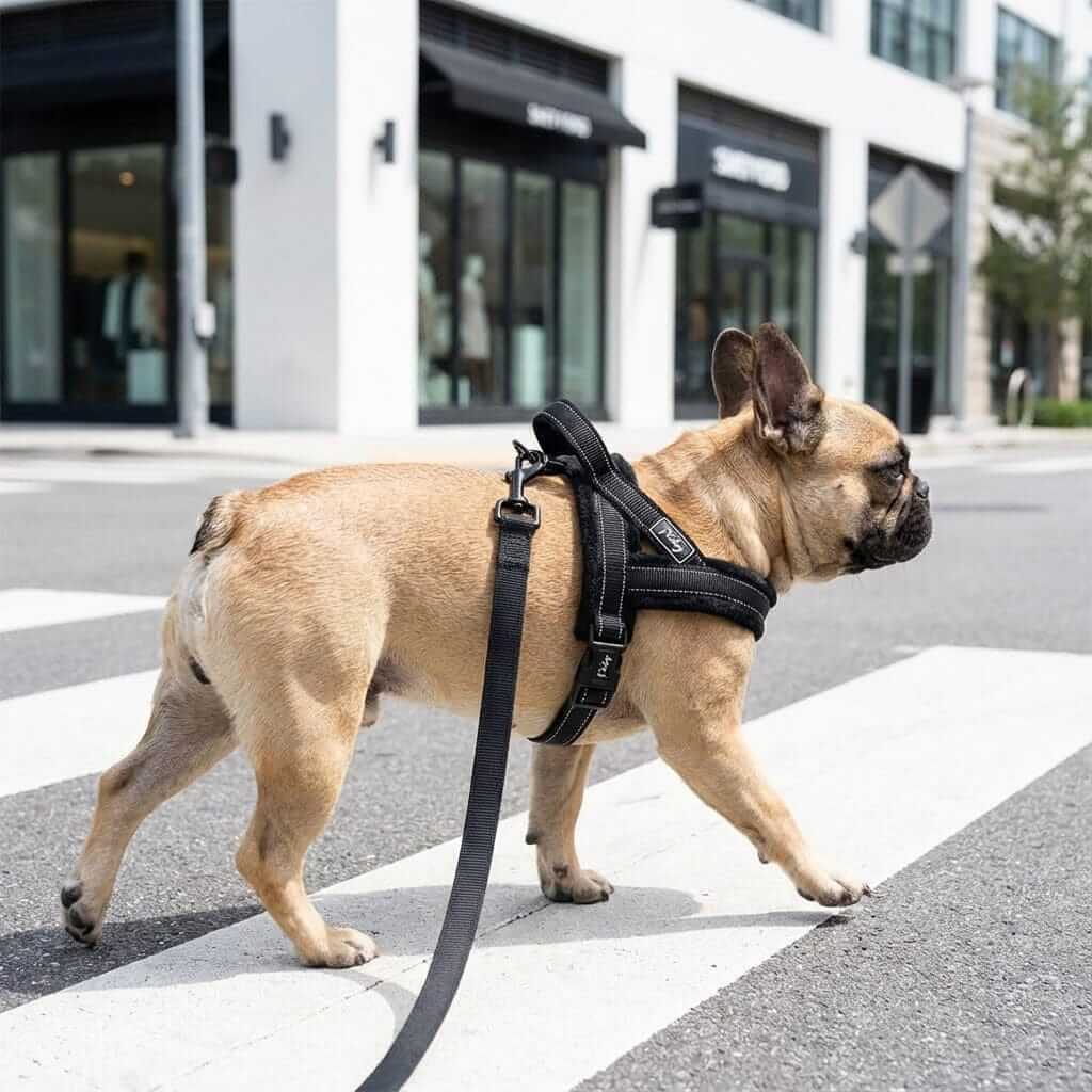 French Bulldog wearing a No-Pull Padded Dog Harness walking on a street, showcasing comfort and control for dogs.