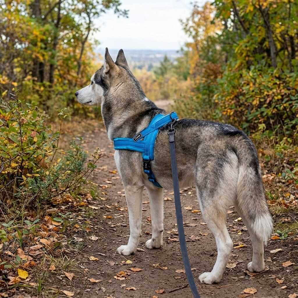 Dog wearing No-Pull Padded Dog Harness on a forest trail, designed for comfort and control for all sizes by Dogs & Cats.