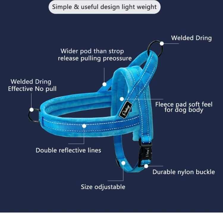 No-Pull Padded Dog Harness features durable nylon buckle, padded straps, and reflective lines for comfortable walks.