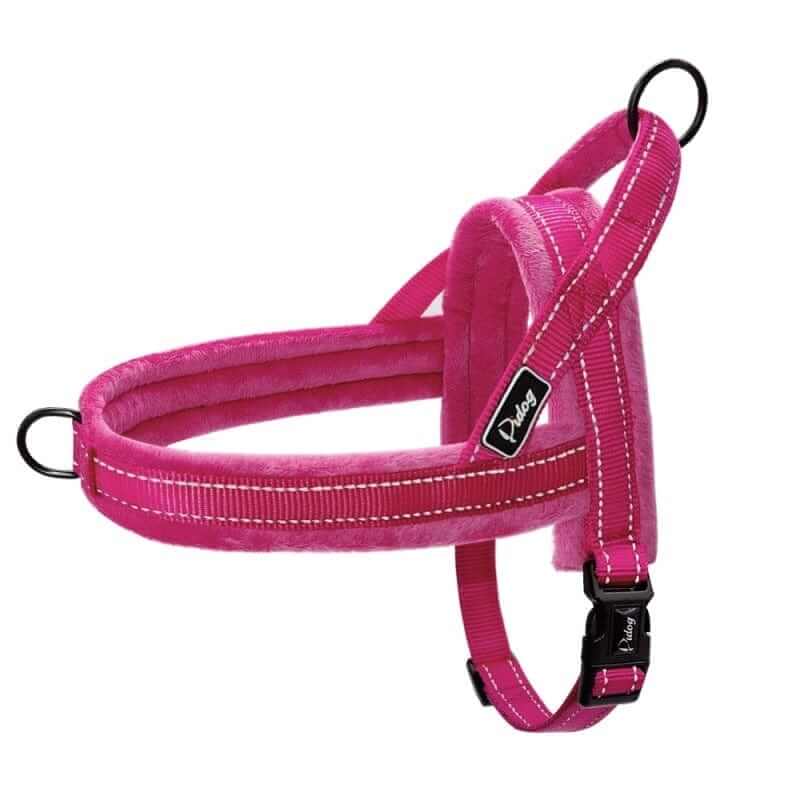 No-Pull Padded Dog Harness in pink color, designed for comfort and control for dogs of all sizes by Dogs & Cats.