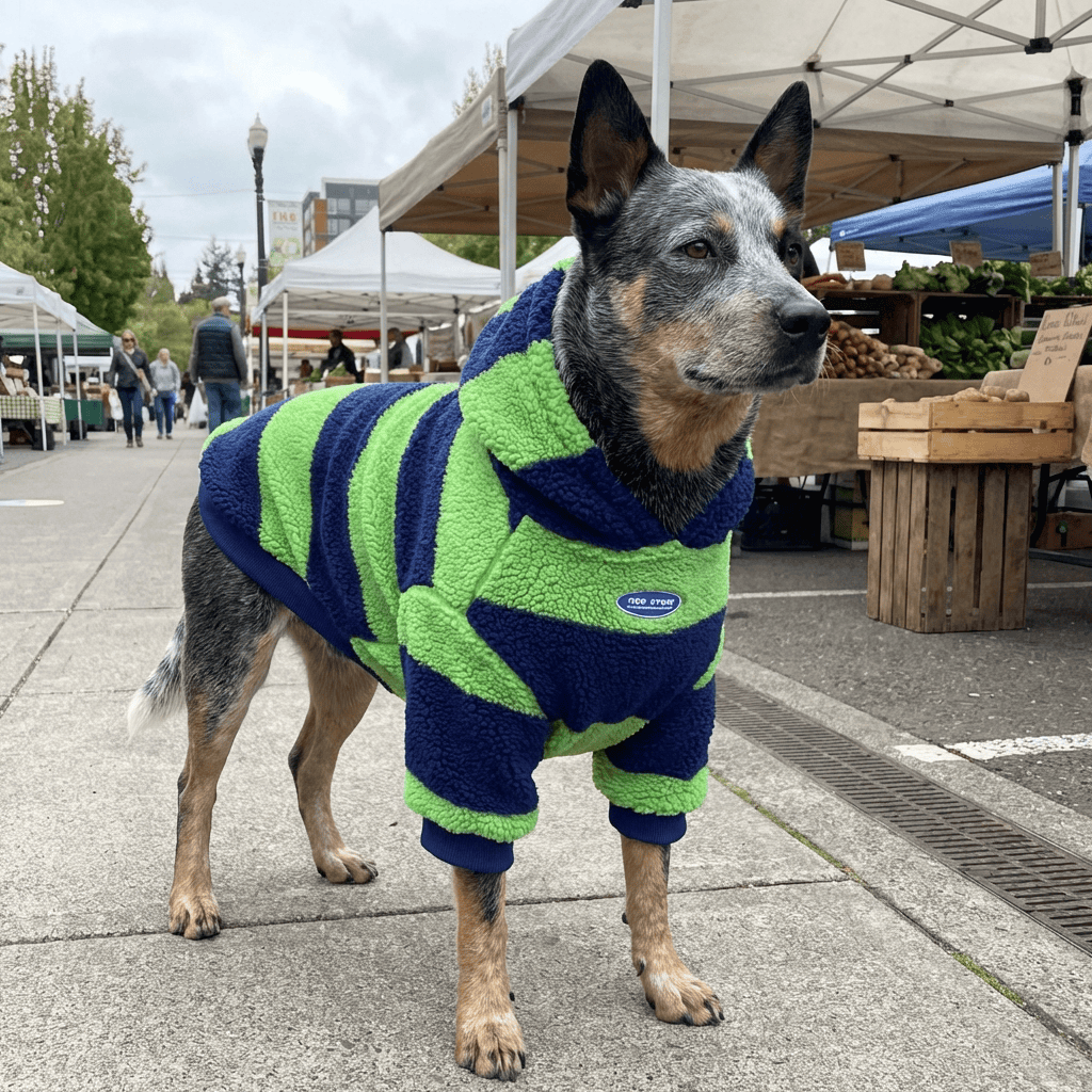 Nordic Stripe Sherpa Hoodie on dog in vibrant green and blue stripes, perfect for cold weather, by Dogs & Cats.