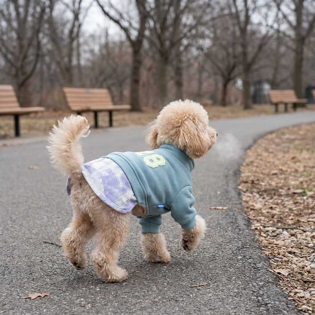Number 28 Button Up Winter Dog Sweater on a small dog walking in the park, made with breathable buttery soft fabric.