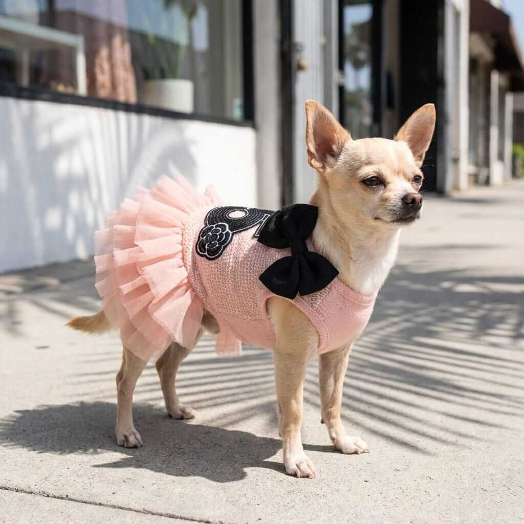 Number 5 Double Bow Tutu Dress for dogs featuring a tutu skirt, breathable fabric, and elegant design by Dogs & Cats.