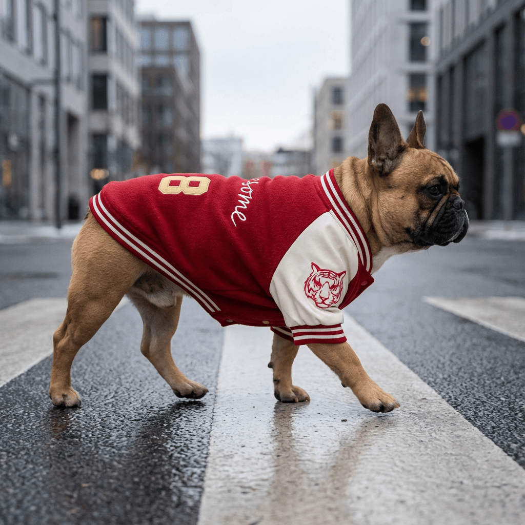 Number 8 Sporty Dog Hoodie on a French Bulldog, showcasing comfort and style for dogs and cats.