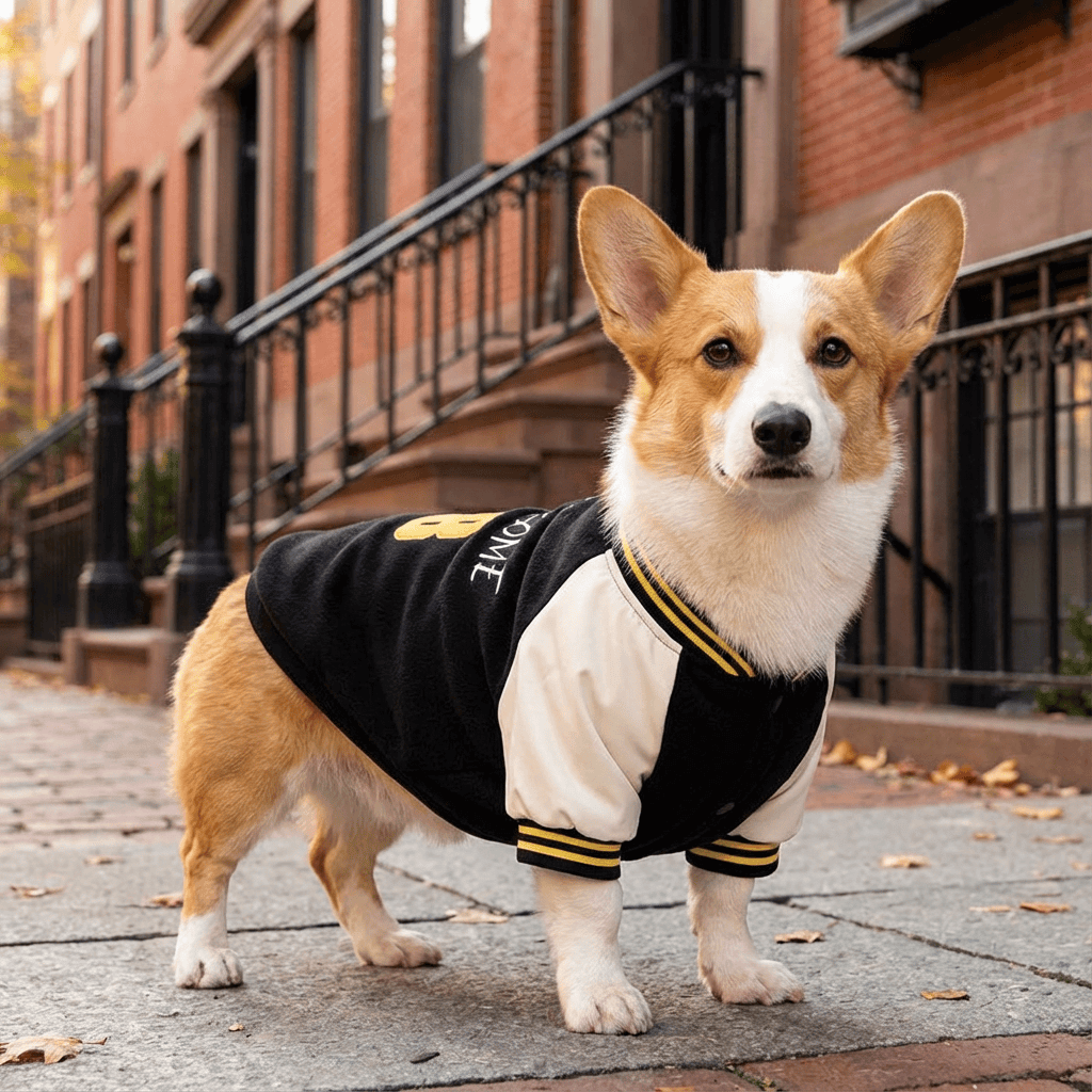 Number 8 Sporty Dog Hoodie on a stylish corgi, featuring iconic design and cozy velvet lining for dogs.