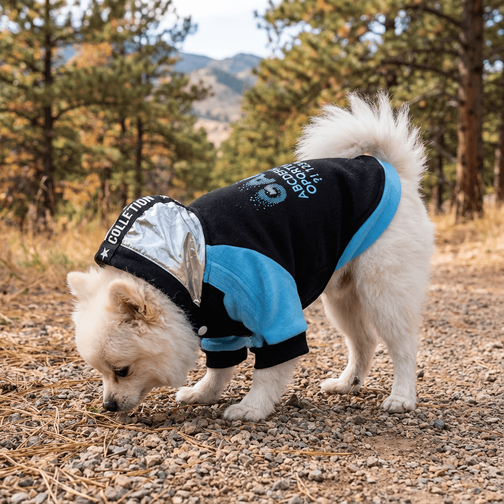 Numbers Game Dog Hooded Sweater on a fluffy dog, featuring a hood, soft fabric, and stylish design for Dogs & Cats.