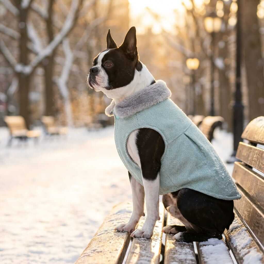 On The Growl Dog Winter Coat in mint green with faux fur collar, perfect for winter weather, by Dogs & Cats.