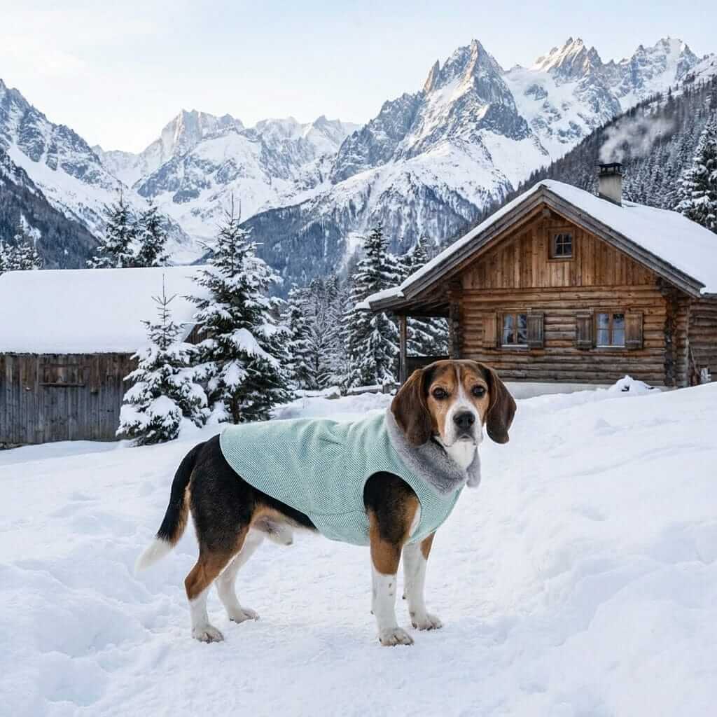 Dog wearing On The Growl Dog Winter Coat in snow, showcasing its faux fur collar and lightweight feel, perfect for winter.