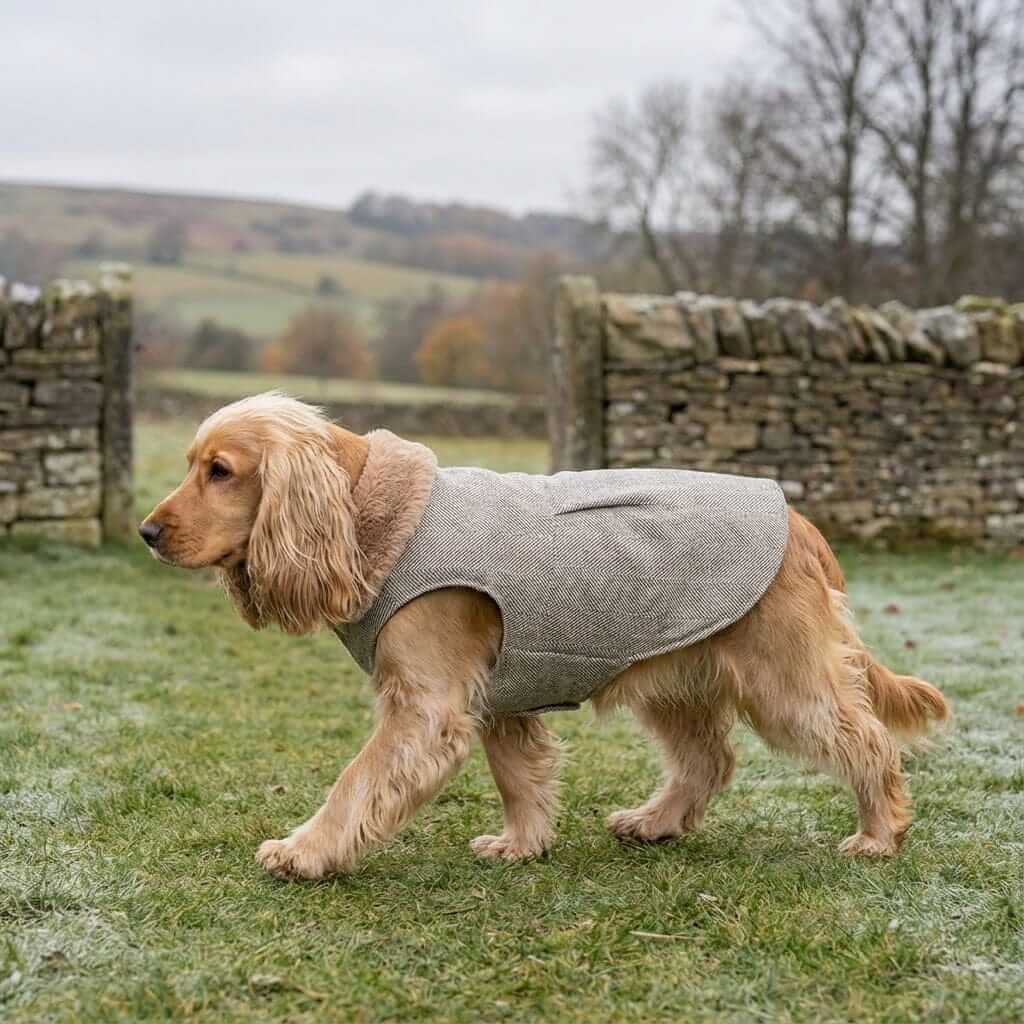 On The Growl Dog Winter Coat on a golden cocker spaniel, featuring a faux fur collar and lightweight fabric.