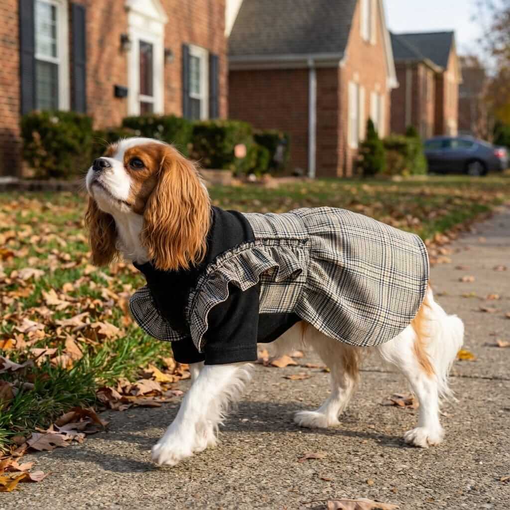 Dog wearing On The Move Two-legged Plaid Dress with ruffles, perfect for family gatherings - Dogs & Cats brand.