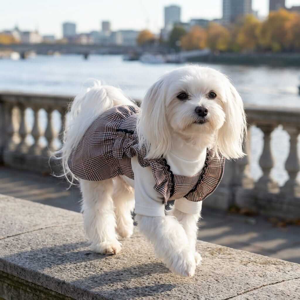 Adorable dog wearing On The Move Two-legged Plaid Dress by Dogs & Cats, featuring ruffles and lightweight soft fabric.