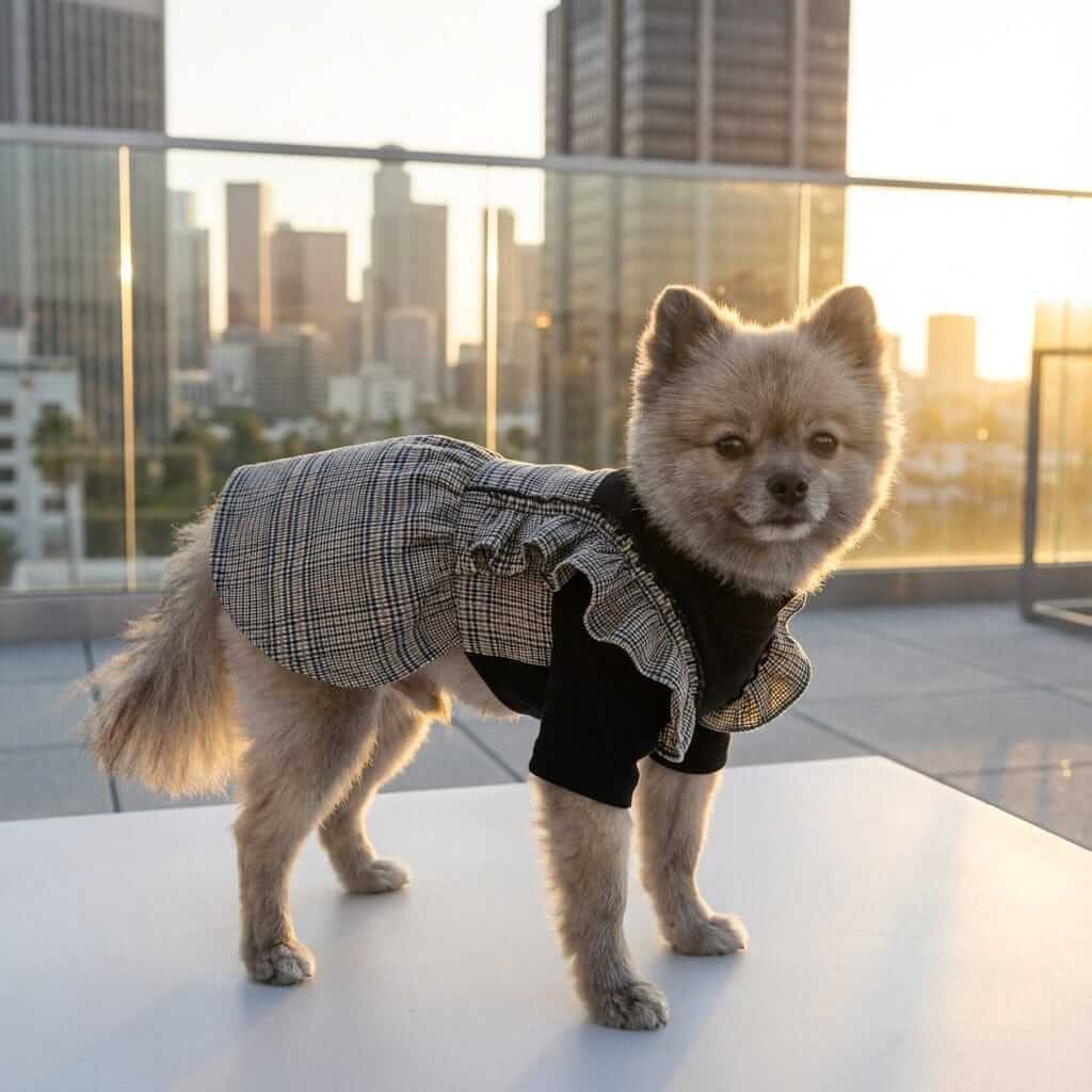 On The Move Two-legged Plaid Dress, two-legged dog outfit, ruffle design, breathable fabric, Dogs & Cats brand.