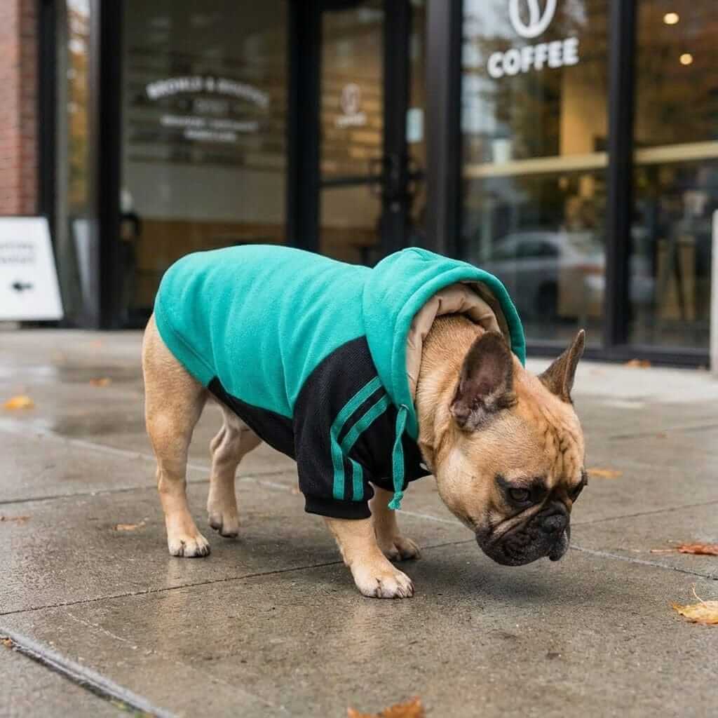 One The Ready Dog Hooded Sweater on a French Bulldog, stylish design with breathable fabric for dogs & cats.