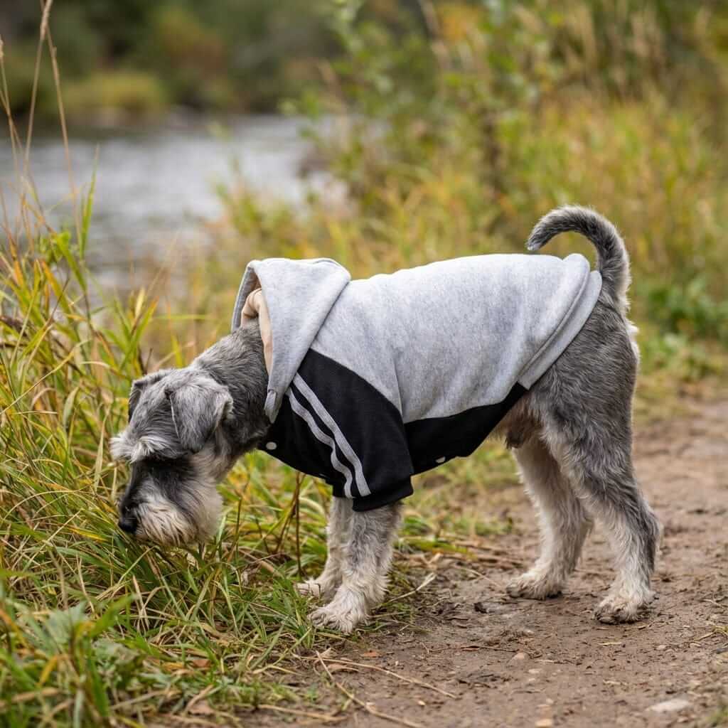 One The Ready Dog Hooded Sweater on a dog, featuring breathable fabric, stylish design, perfect for dogs and cats.