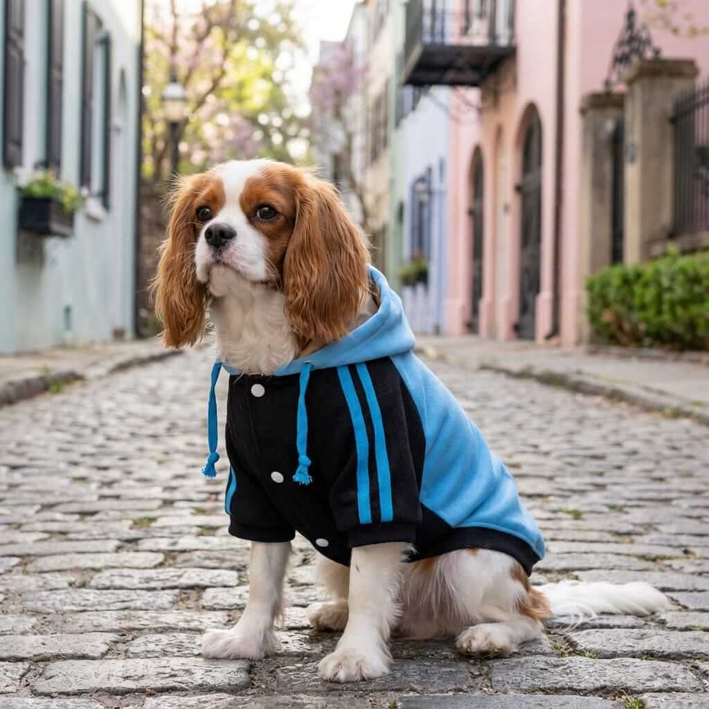 One The Ready Dog Hooded Sweater on a stylish dog in a city setting, showcasing breathable fabric and comfort for dogs.