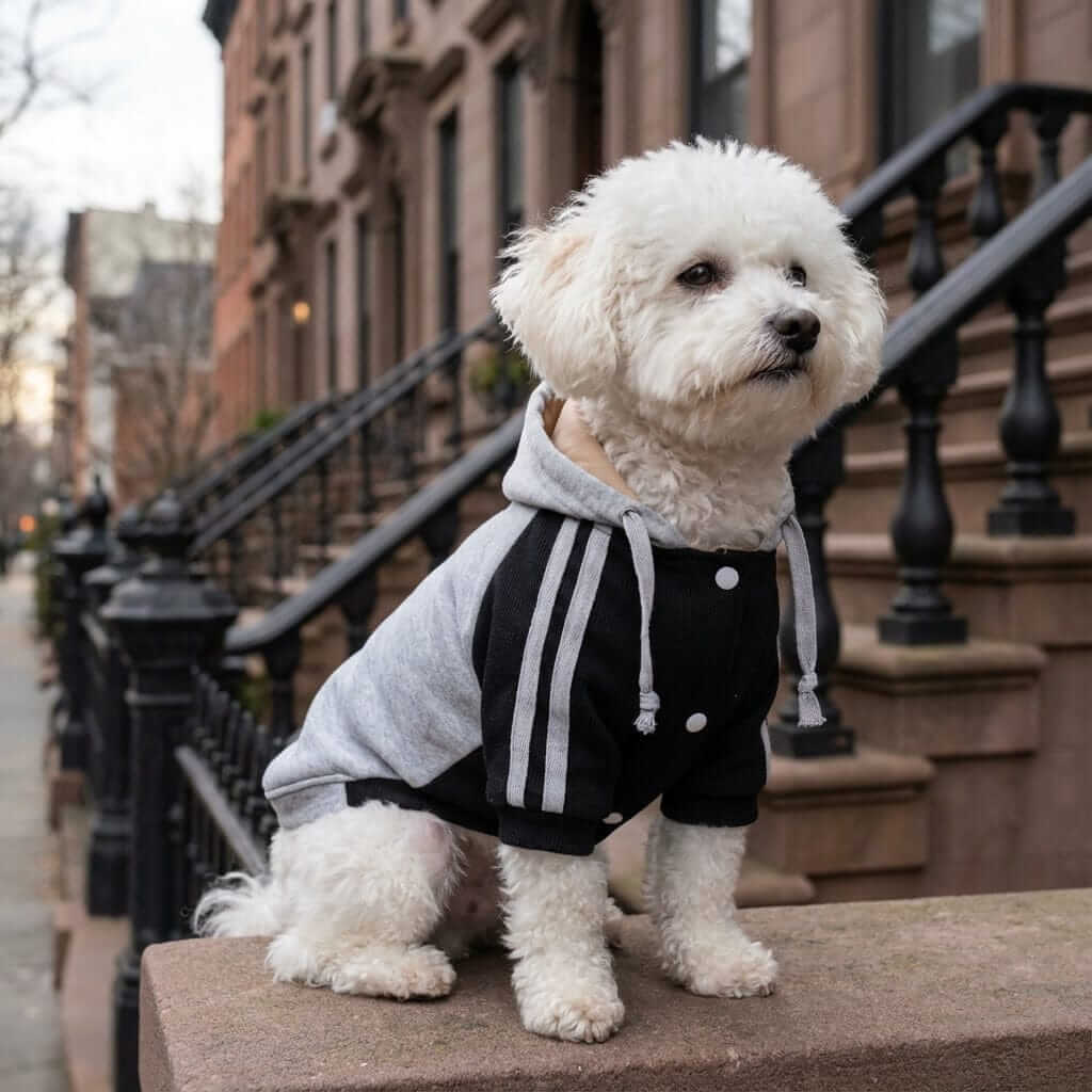 One The Ready Dog Hooded Sweater on a stylish dog outdoors, features breathable fabric, by Dogs & Cats.